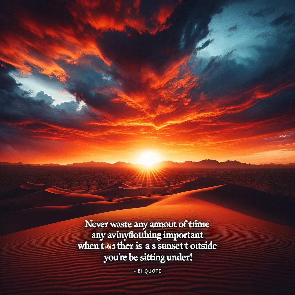 Radiant sunset over desert dunes with fiery red and blue clouds, a visual metaphor for the quote's message on the value of experiencing nature's beauty.