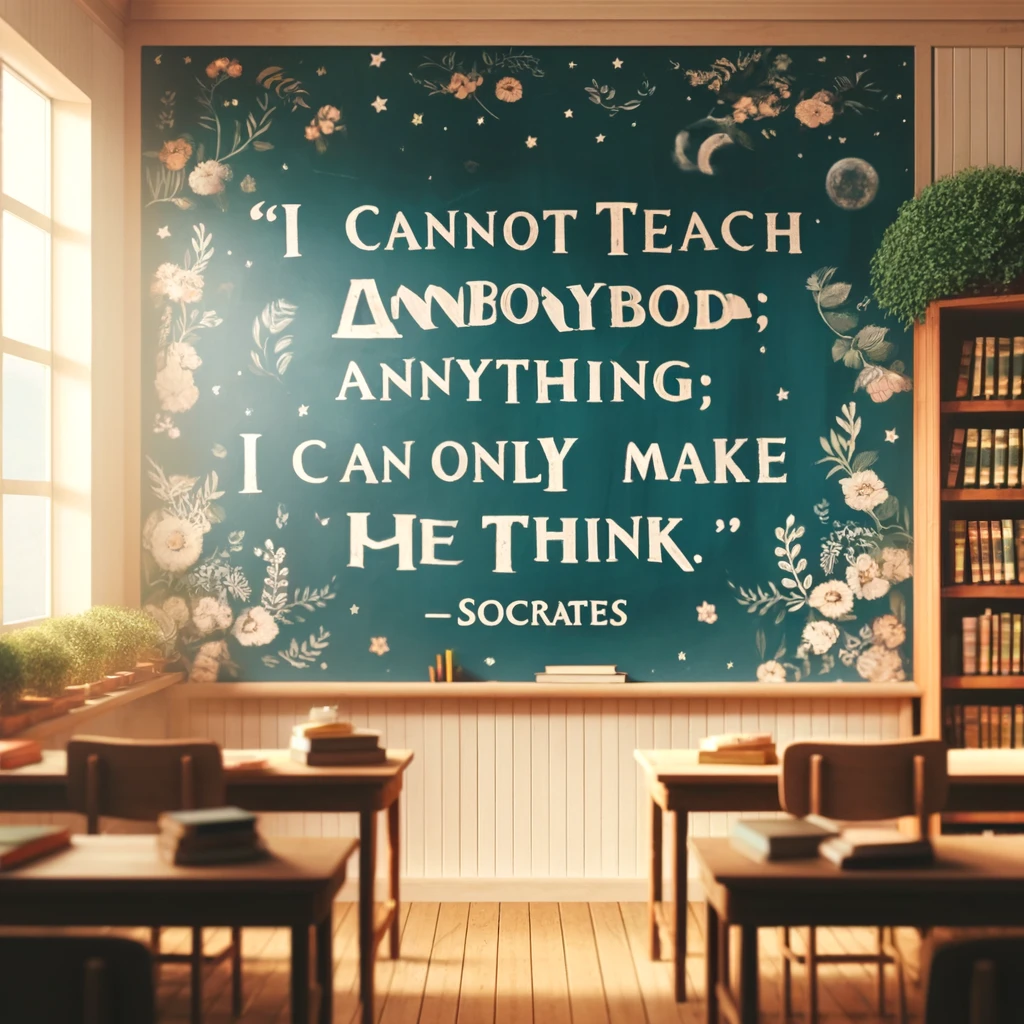 Inspirational classroom setting with a Socrates quote on a decorated chalkboard