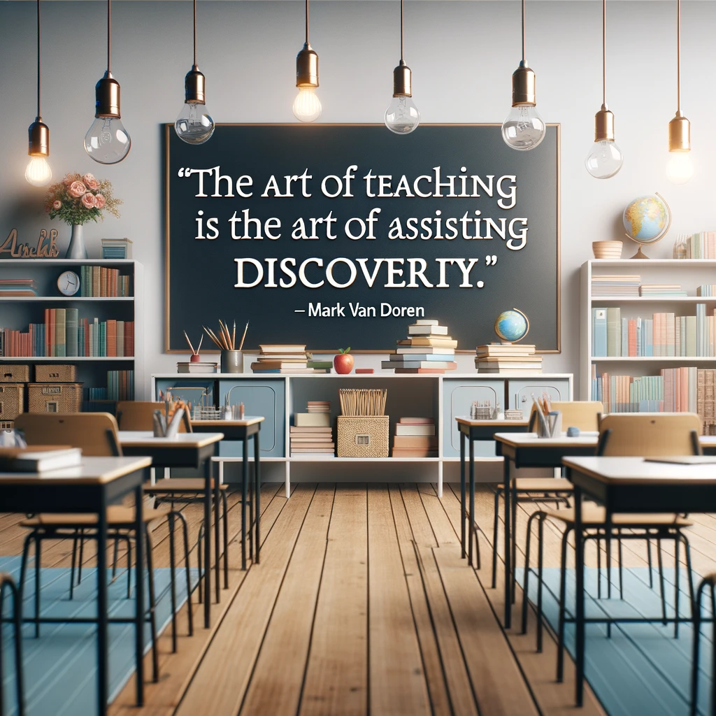 Classroom with a Mark Van Doren quote about the art of teaching and discovery