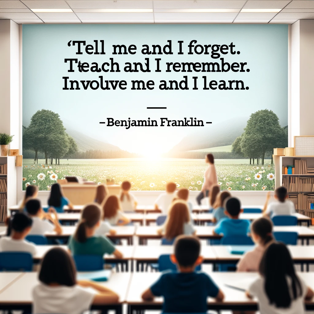 Classroom with a Benjamin Franklin quote on a scenic backdrop
