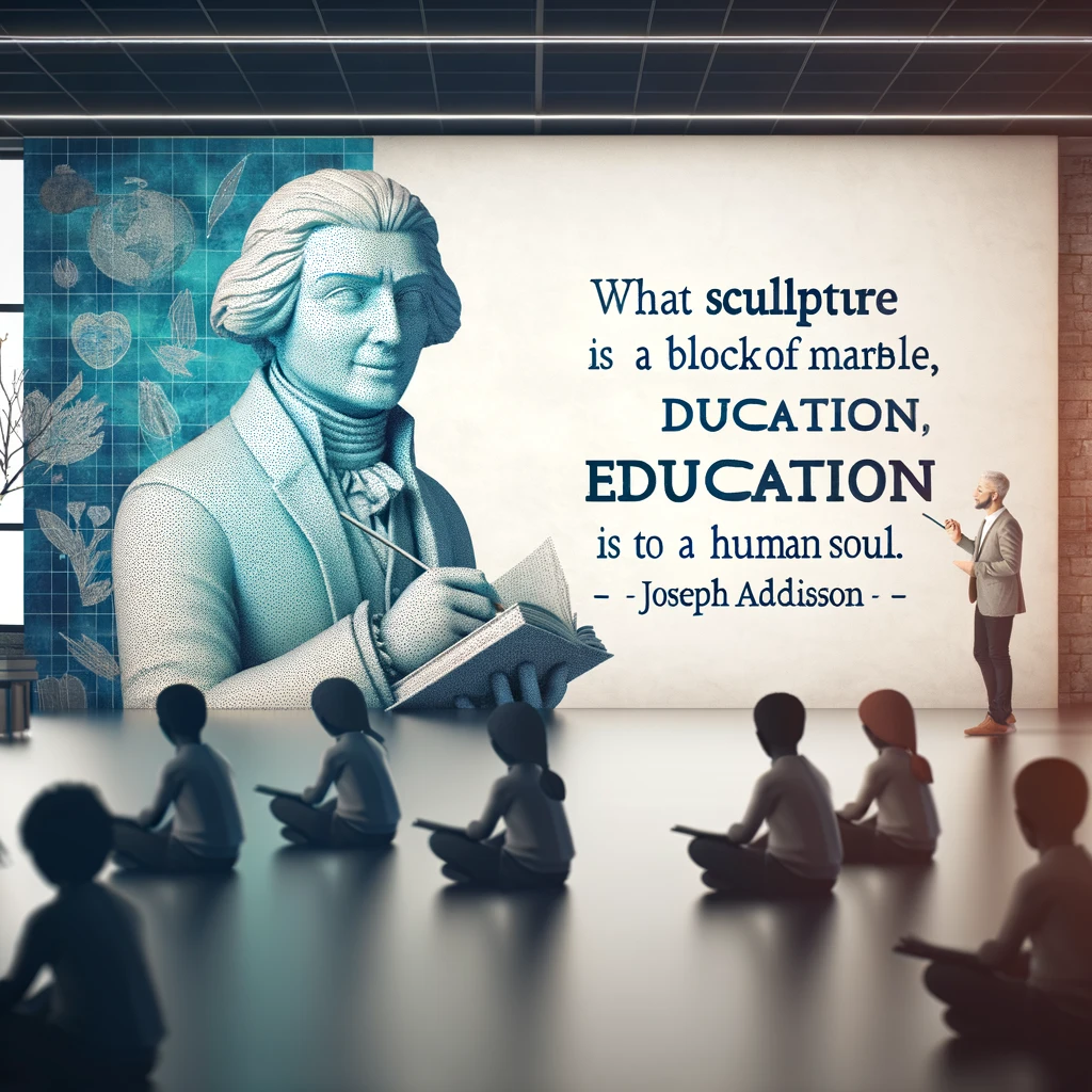 Classroom with a Joseph Addison quote about education and sculpture