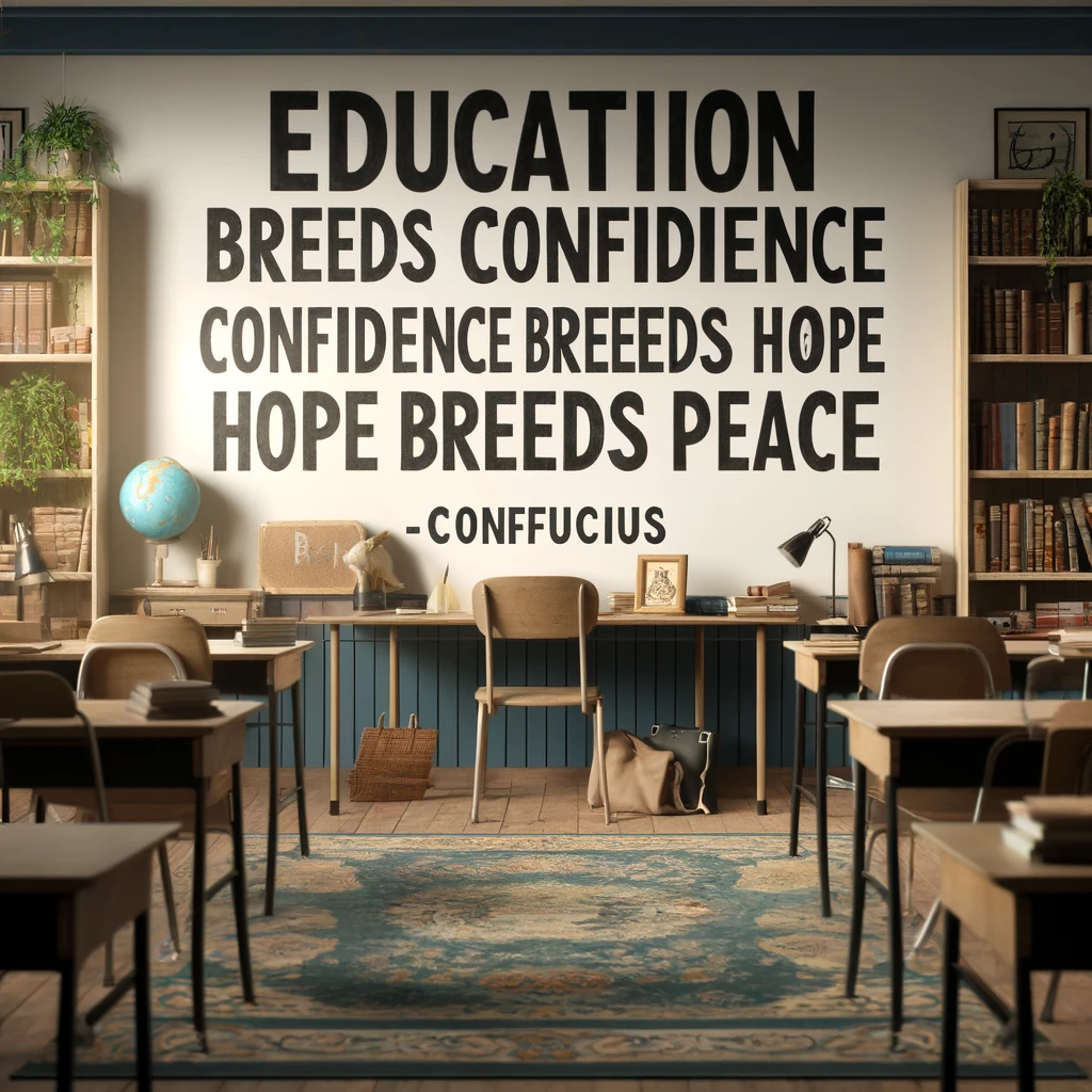 Classroom with a Confucius quote about education and peace on a cozy setting