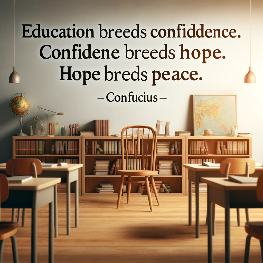 Classroom with a Confucius quote about education and peace on a minimalist design