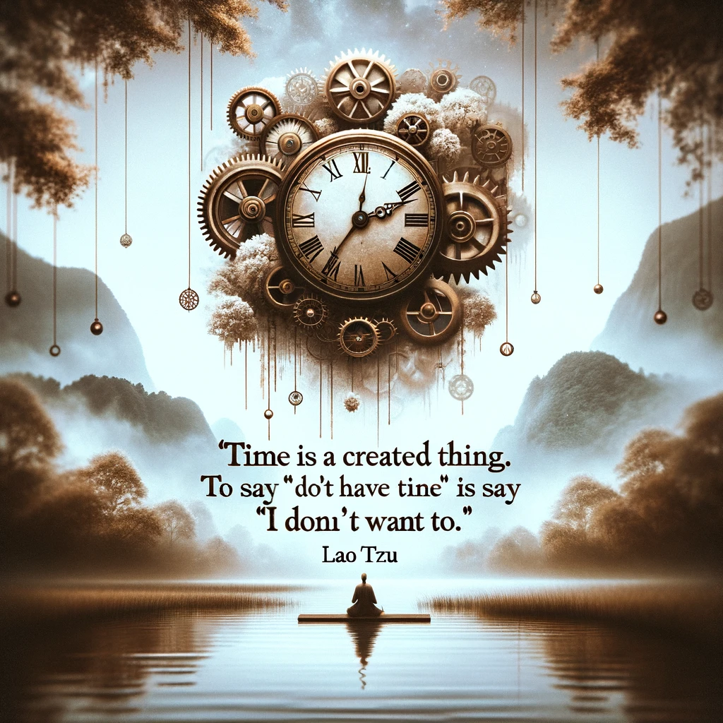 Inspirational quote about time by Lao Tzu with a serene clock and gears scene