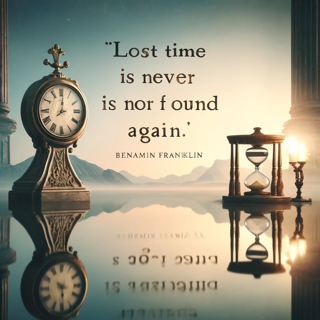 Inspirational quote about lost time by Benjamin Franklin with antique clocks