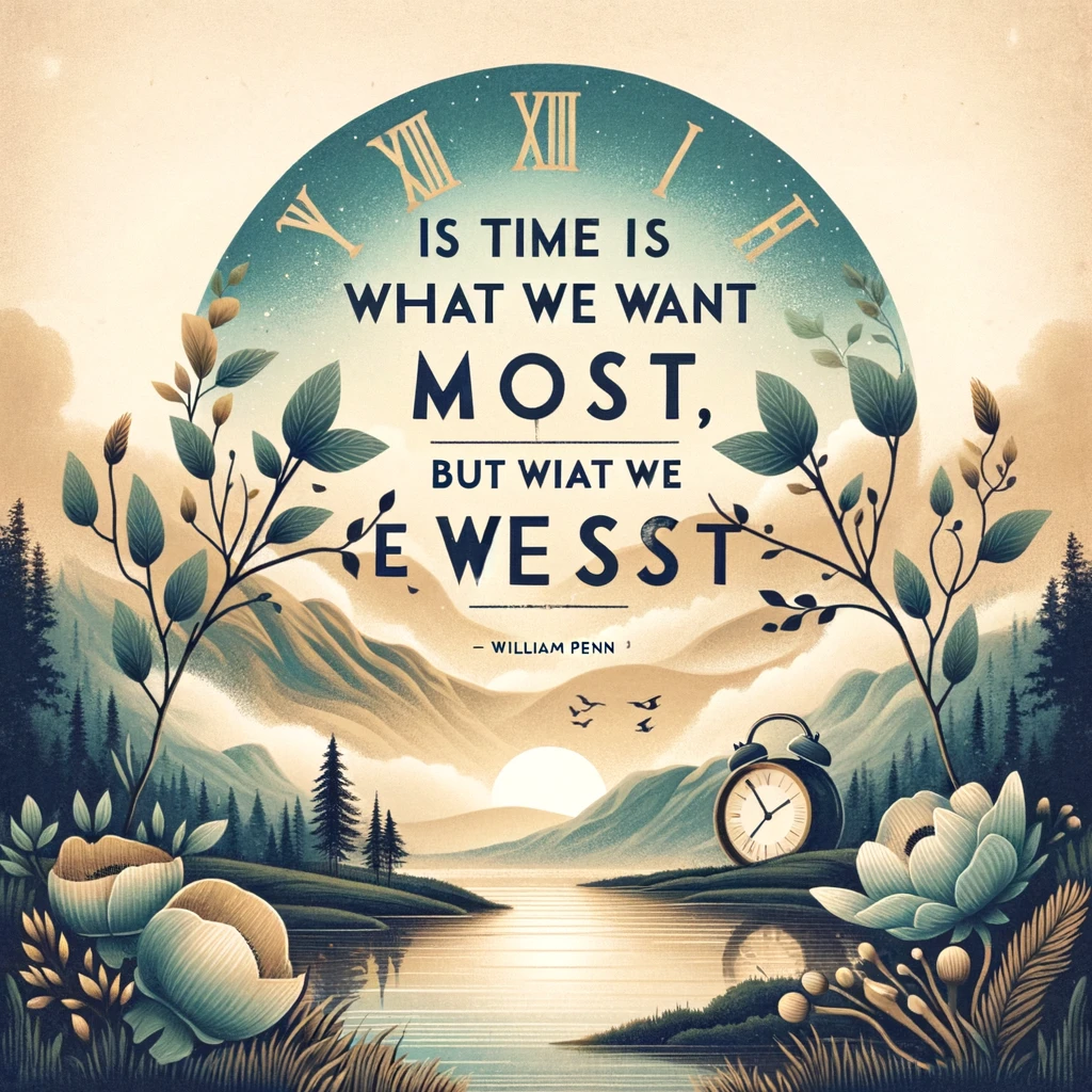 Inspirational quote about time by William Penn in a serene natural setting