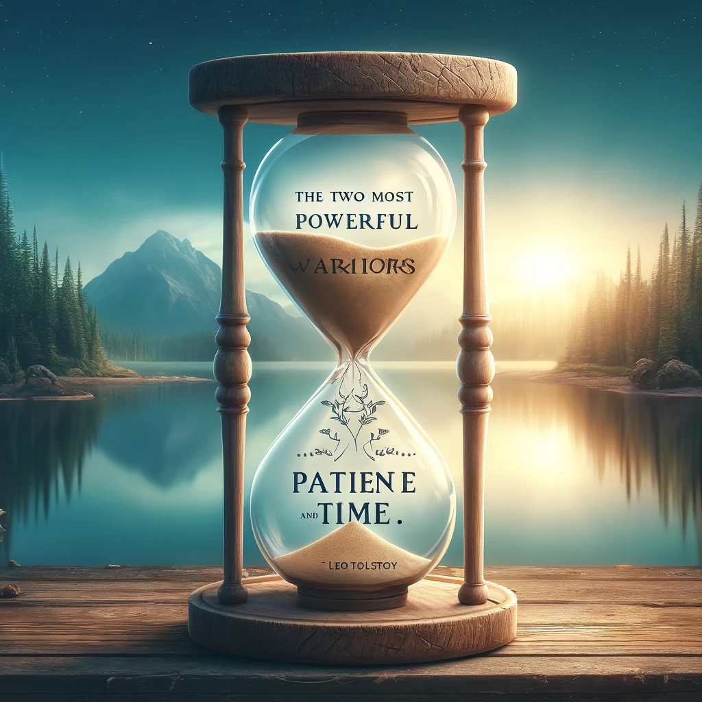 Inspirational quote about patience and time by Leo Tolstoy with an hourglass in a natural setting