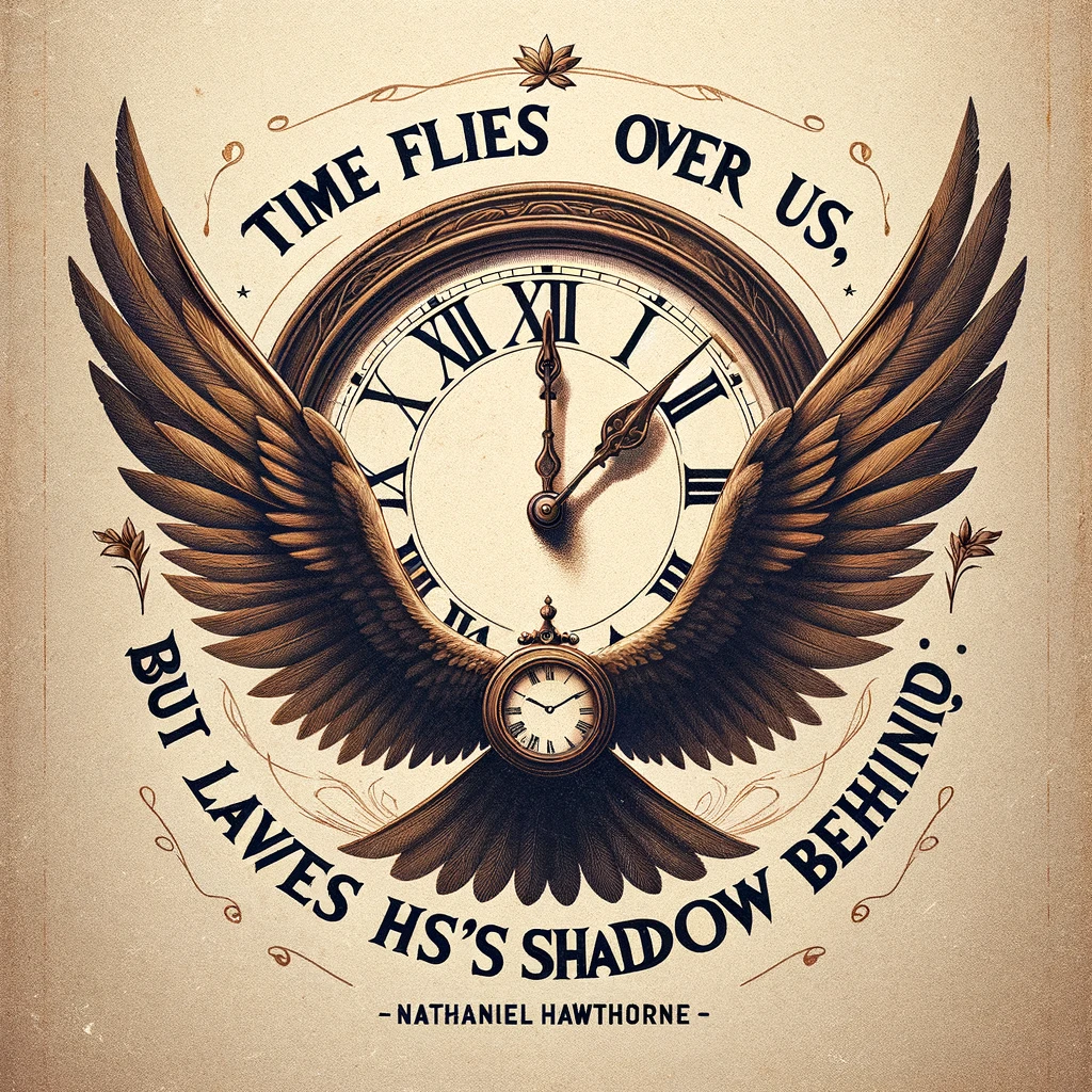 Inspirational quote about time flying over us by Nathaniel Hawthorne with a clock and wings