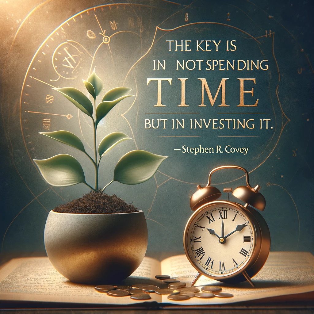 Inspirational quote about investing time by Stephen R. Covey with a plant and clock