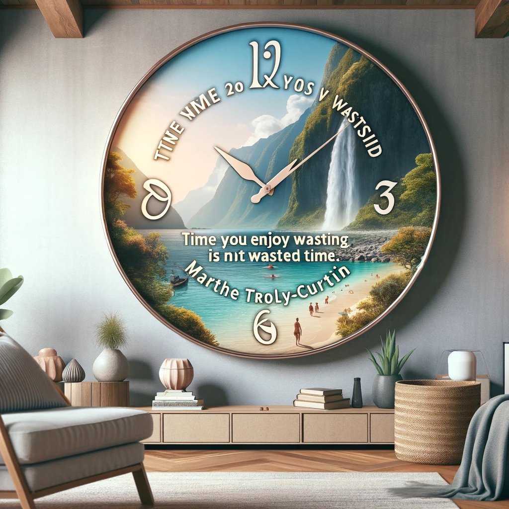 Quote about enjoying time by Marthe Troly-Curtin with a large clock in a peaceful room