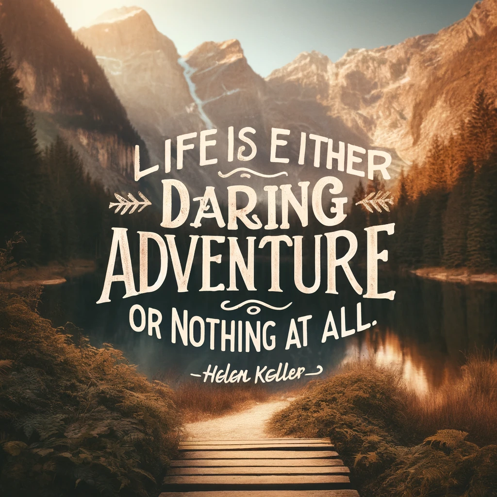 Mountainous landscape with a quote about daring adventures by Helen Keller