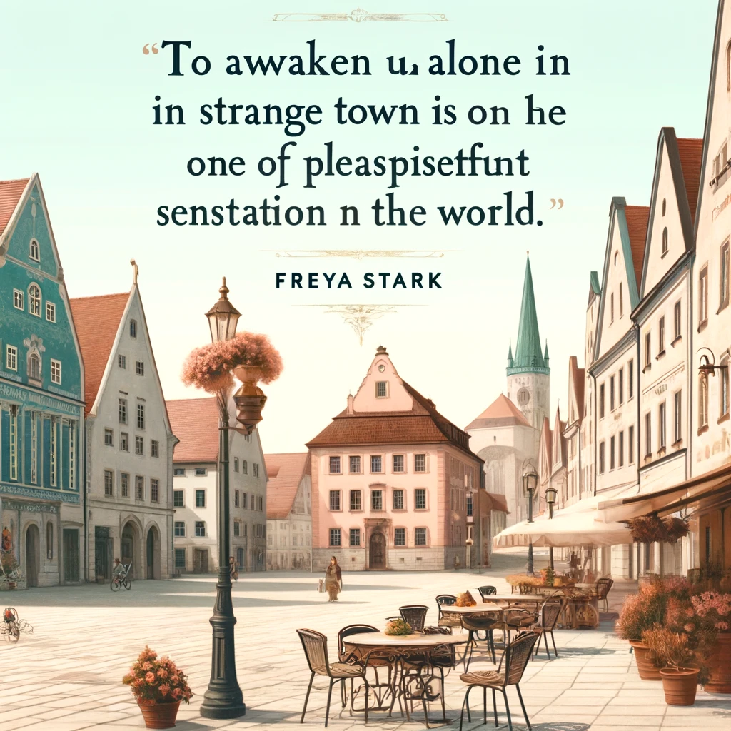 Charming town square with a quote about the pleasure of awakening in a new place by Freya Stark