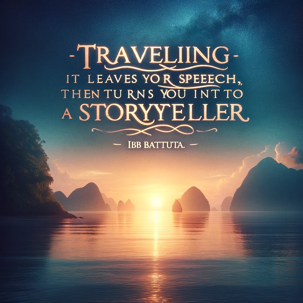 Sunset over the ocean with a travel quote by Ibn Battuta