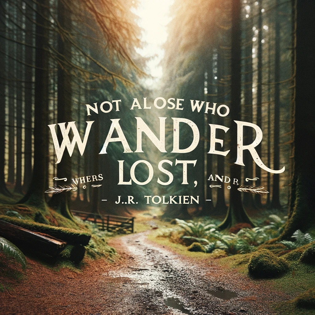 Forest path with an inspirational quote about wandering by J.R.R. Tolkien