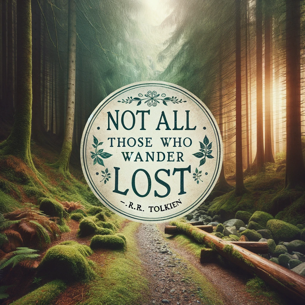 Enchanting forest path with a quote about wandering by J.R.R. Tolkien