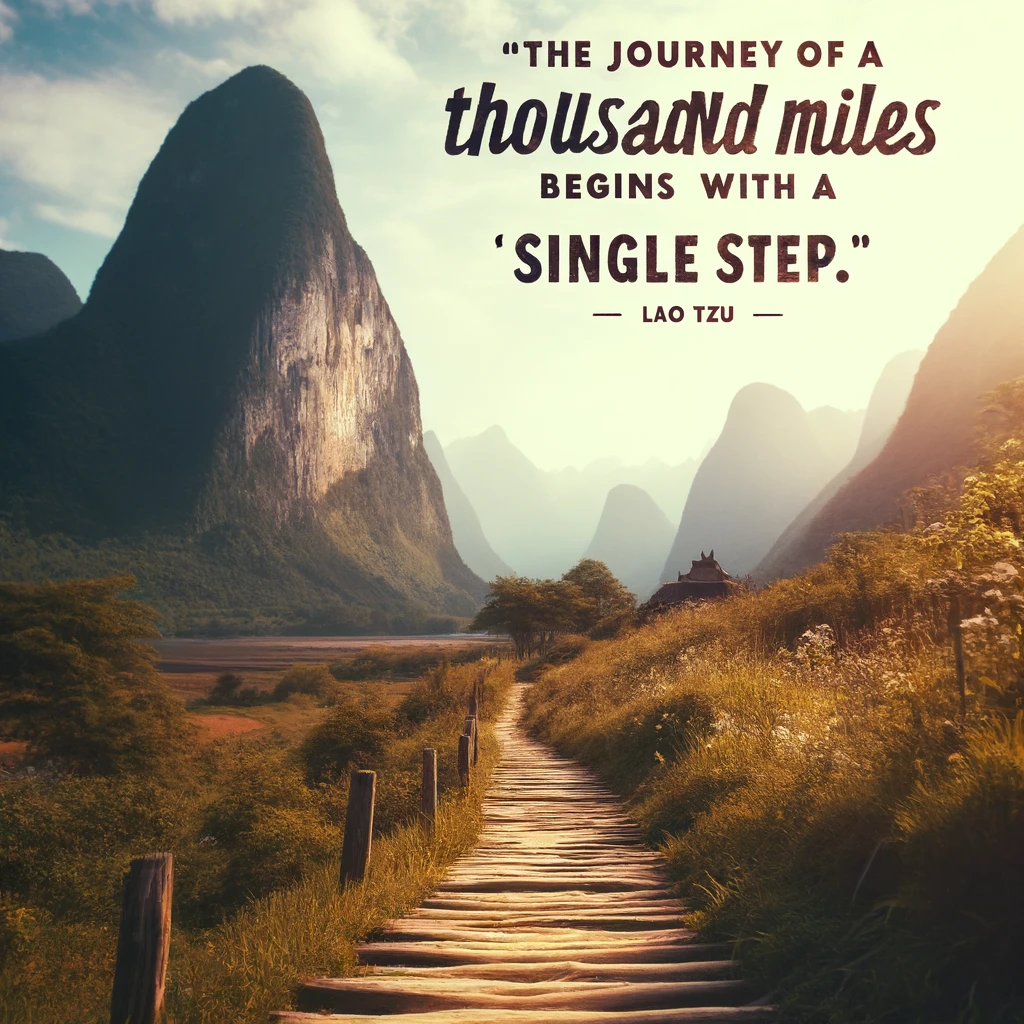 Mountain path with a travel quote by Lao Tzu
