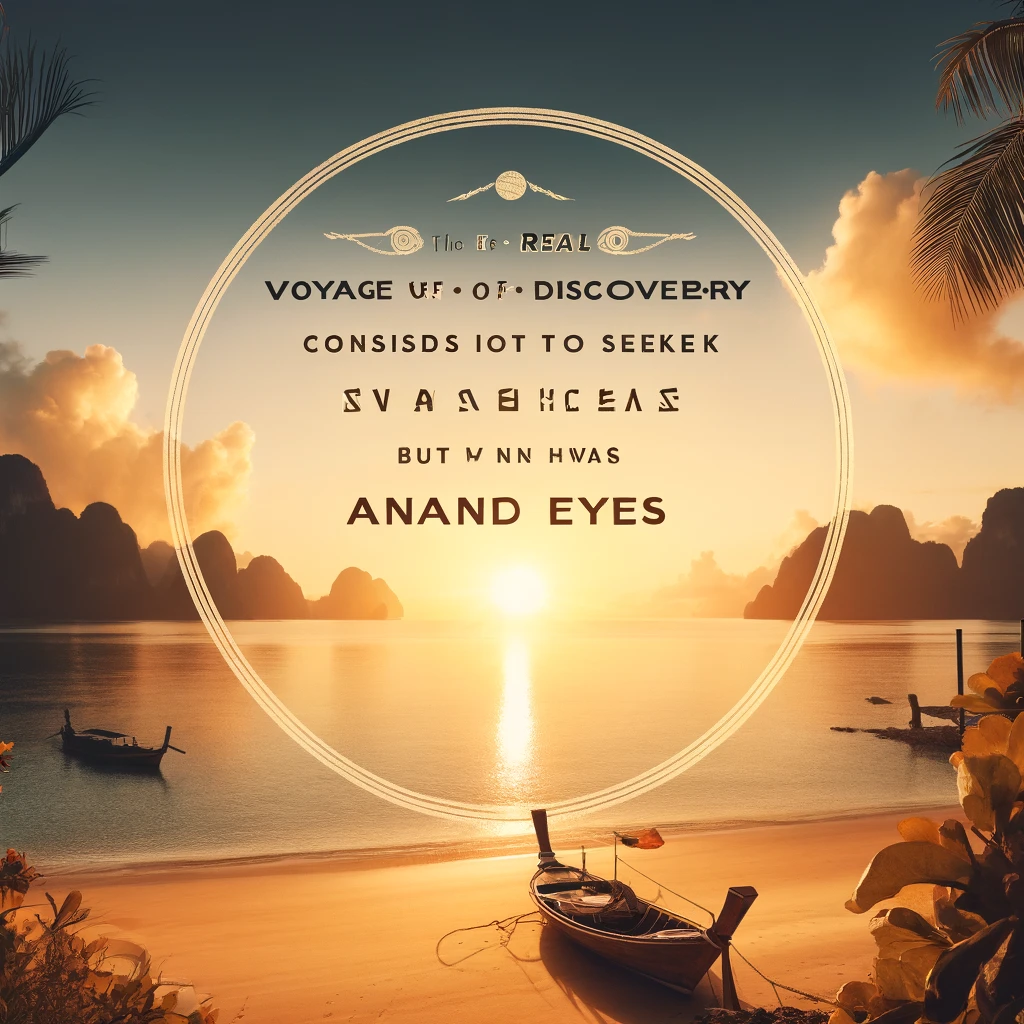 Sunset on a tropical beach with a travel quote by Marcel Proust