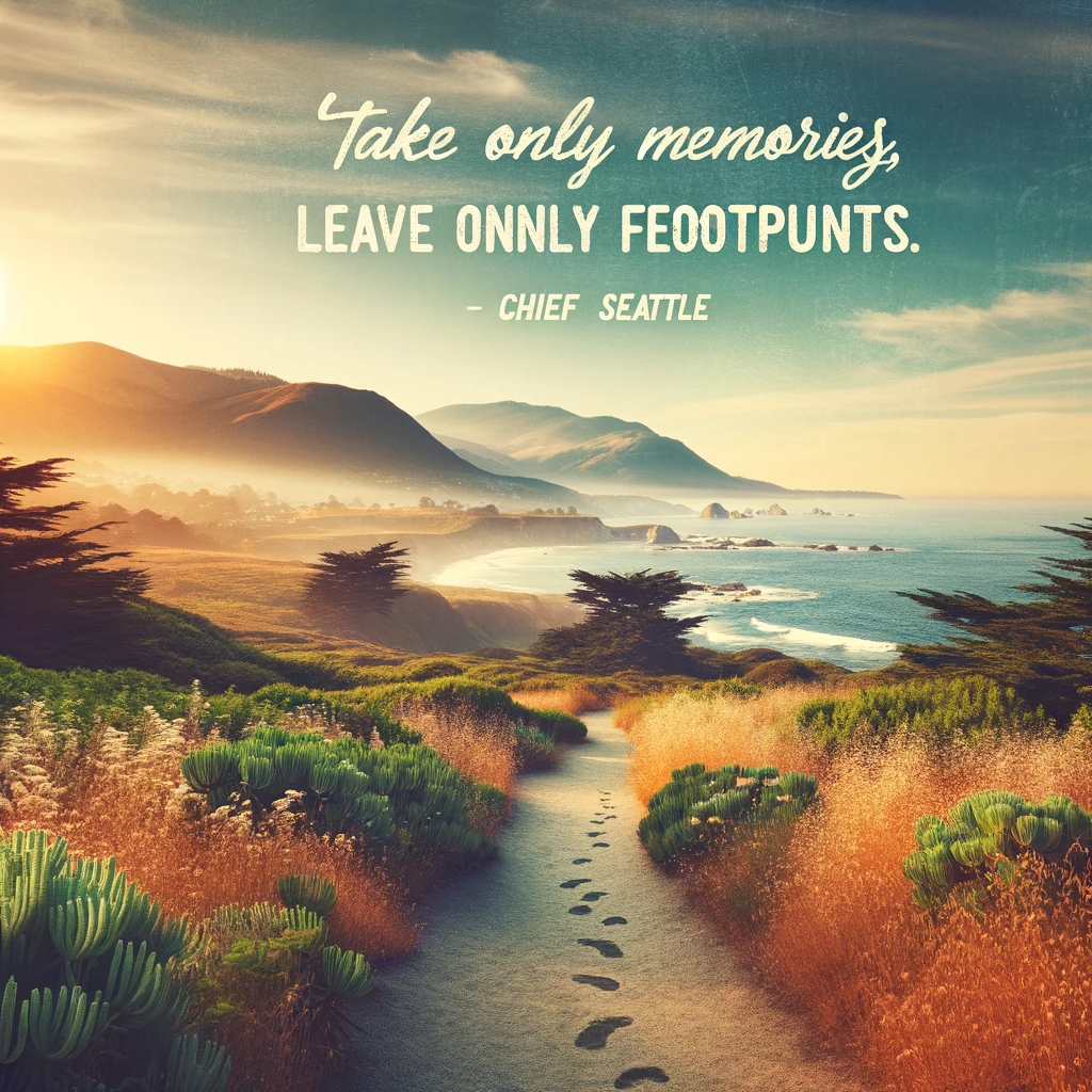 A beautiful coastal landscape with the quote 'Take only memories, leave only footprints' by Chief Seattle