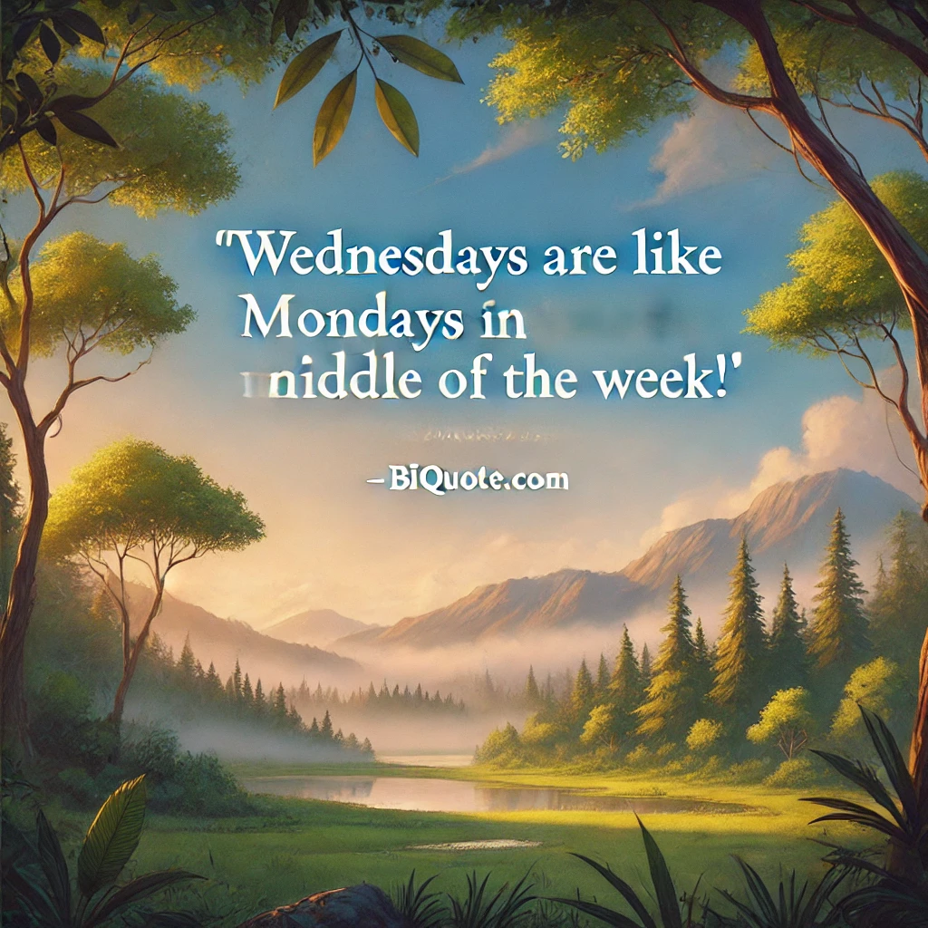 A serene nature scene with the quote 'Wednesdays are like Mondays in the middle of the week!'