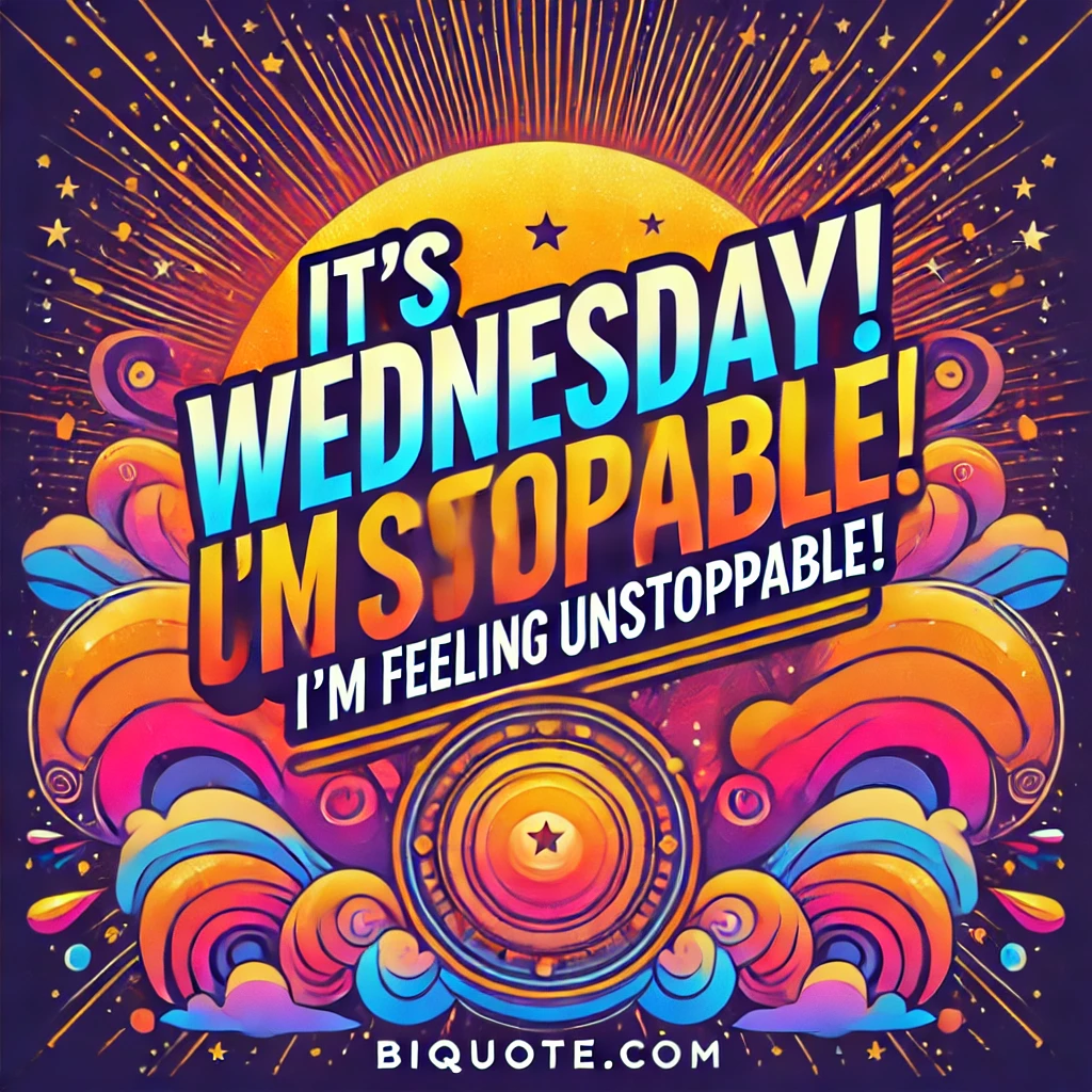 A vibrant background with the quote 'It's Wednesday! I'm feeling unstoppable!'