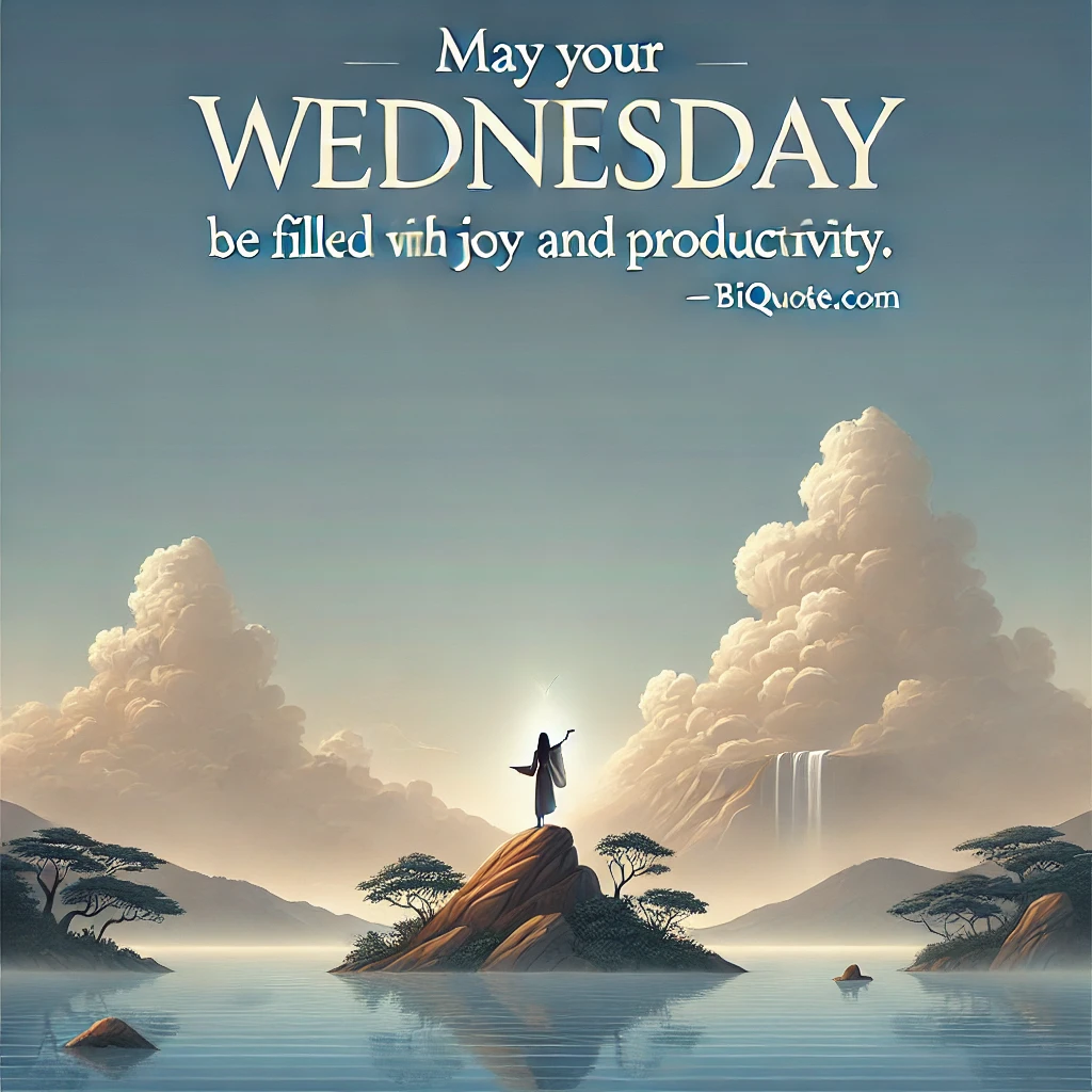 A serene scene with the quote 'May your Wednesday be filled with joy and productivity.'