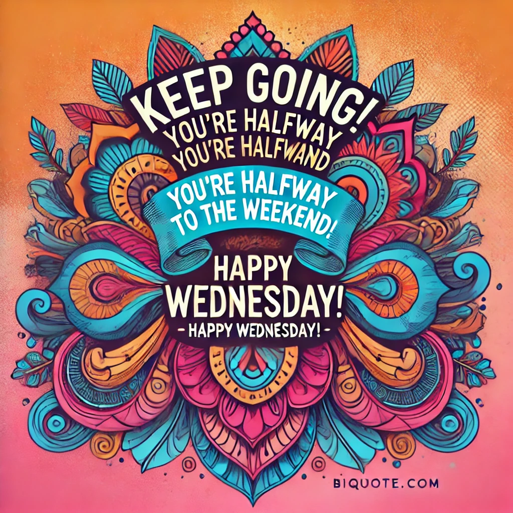 A motivational scene with the quote 'Keep going! You're halfway to the weekend. Happy Wednesday!'