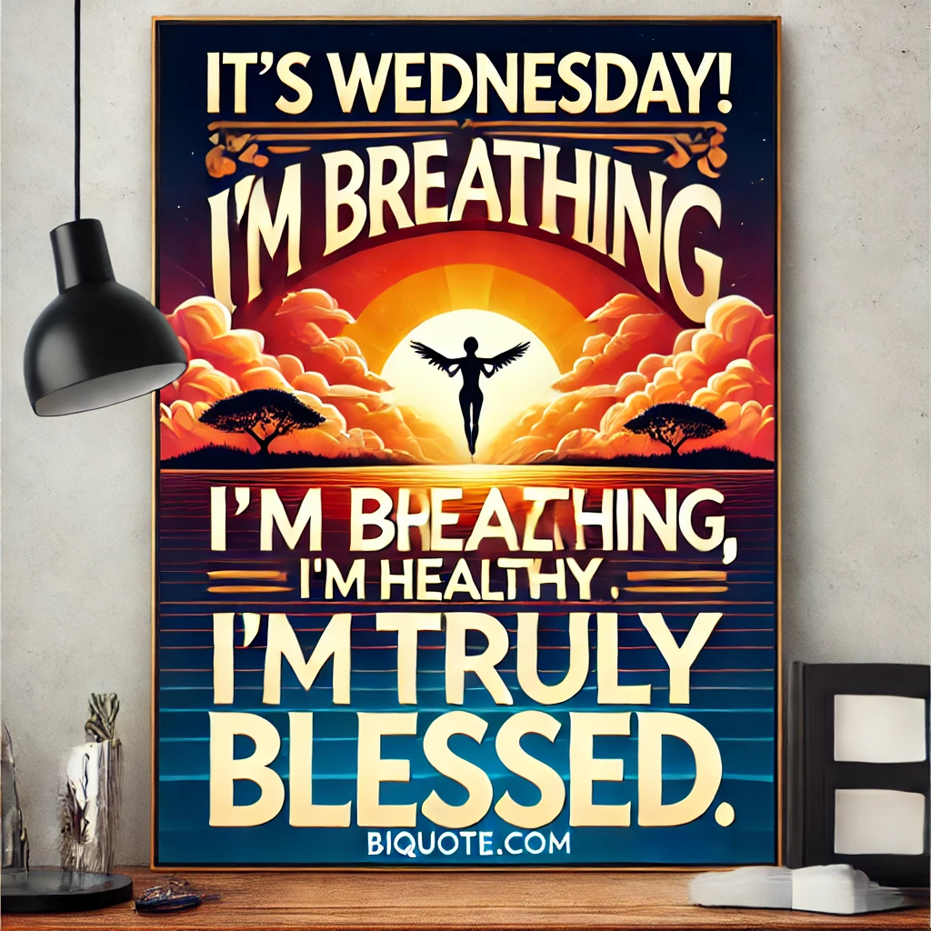 A sunrise scene with the quote 'It's Wednesday! I'm breathing, I'm healthy, I'm truly blessed.'