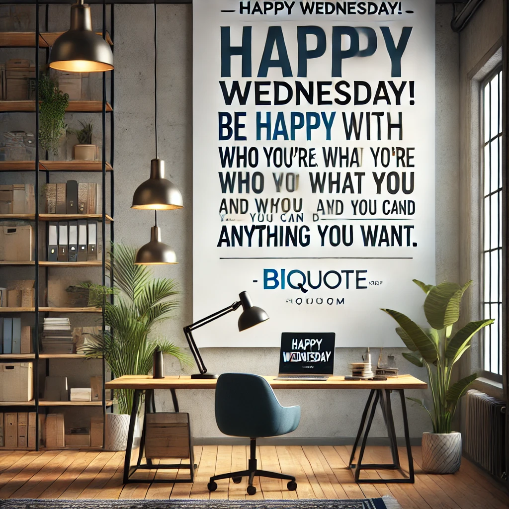 An office setup with the quote 'Happy Wednesday! Be happy with who you are and what you have and you can do anything you want.'