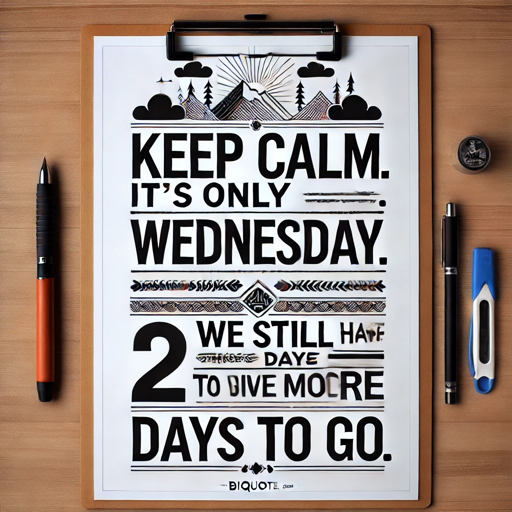 A minimalist design with the quote 'Keep calm. It's only Wednesday. We still have 2 more days to go.'