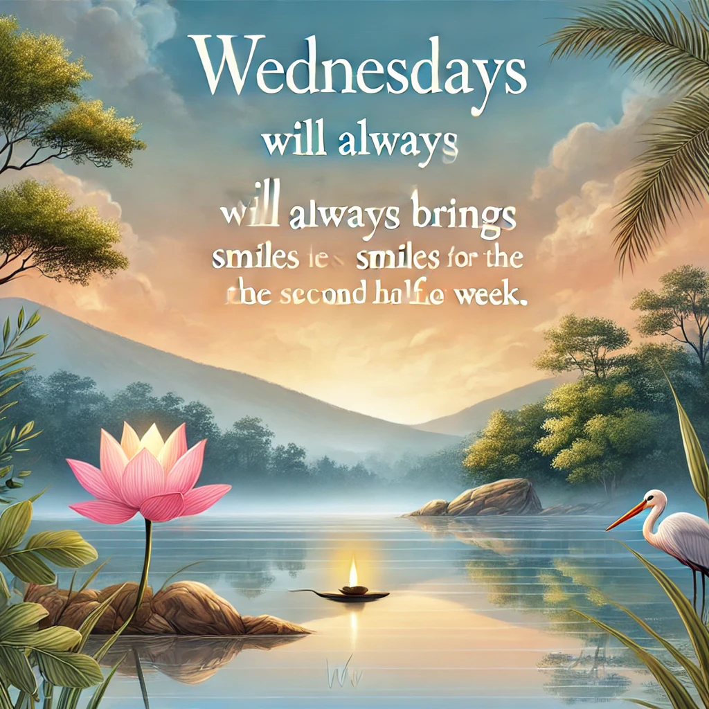 A peaceful scene with the quote 'Wednesdays will always bring smiles for the second half of the week.'