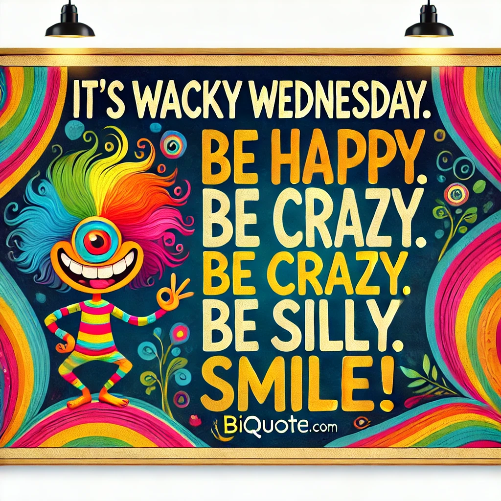 A colorful background with the quote 'It’s Wacky Wednesday. Be happy. Be crazy. Be silly. Smile!'